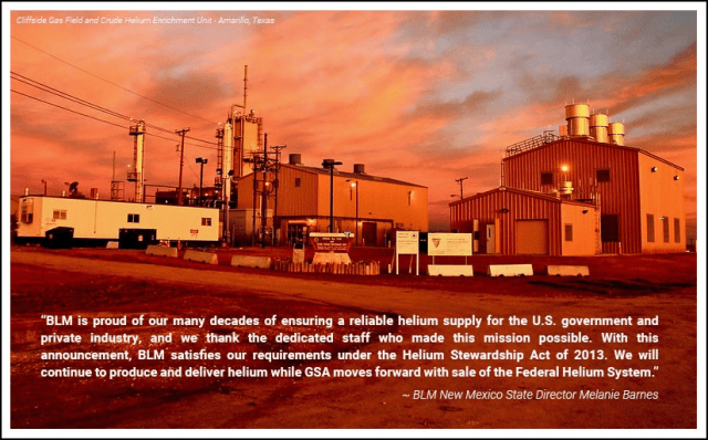 The Cliffside Helium Plant at sunset, with processing towers silhouetted against an orange sky.